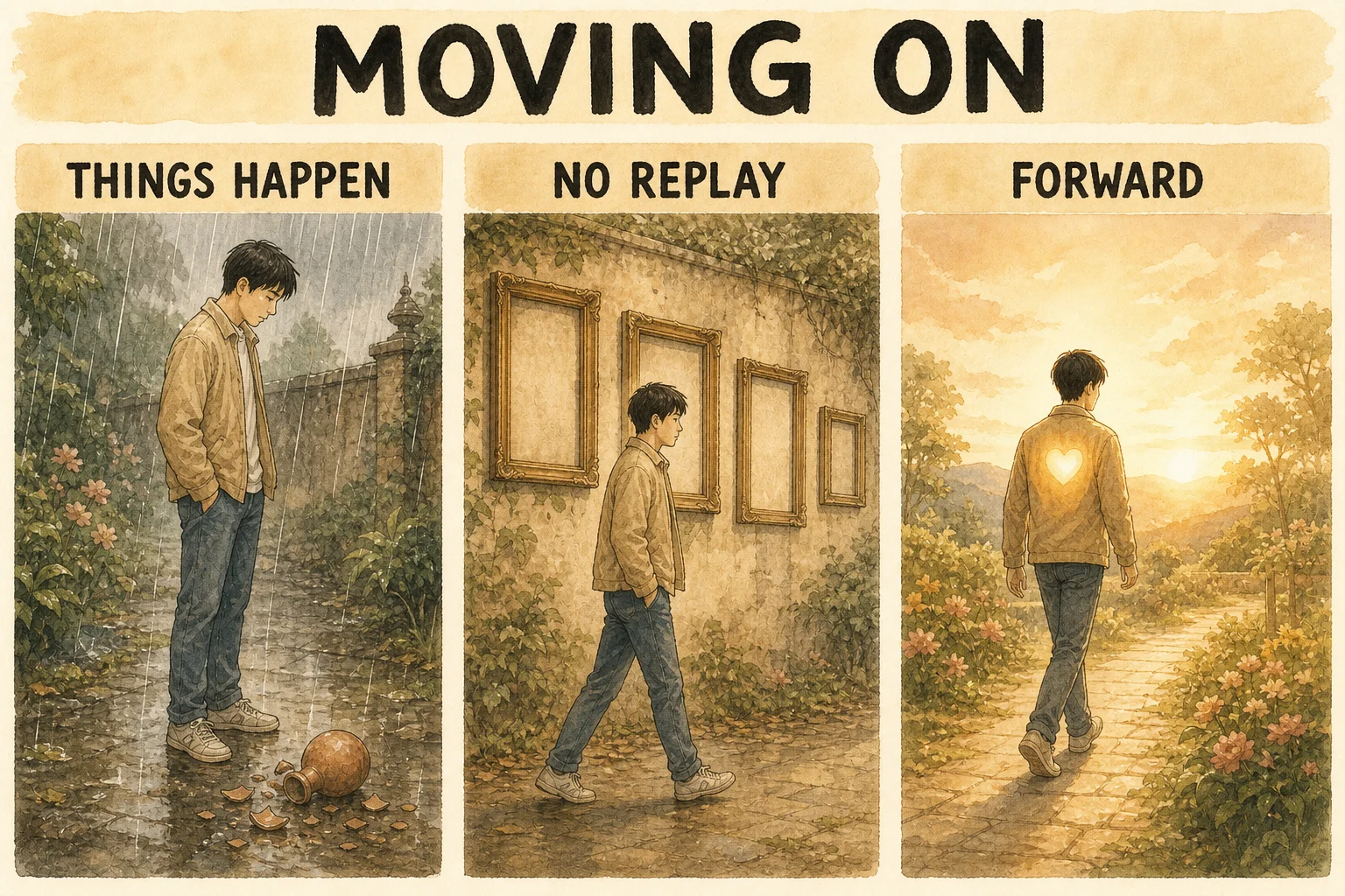 a young East Asian man with short straight black hair stands in light rain beside a small broken vase on a garden path. The same man walks past a row of empty picture frames hanging along an old garden wall, none of them holding any scene. The same man walks forward on a sunlit path toward a warm golden horizon, a glowing heart at his chest.