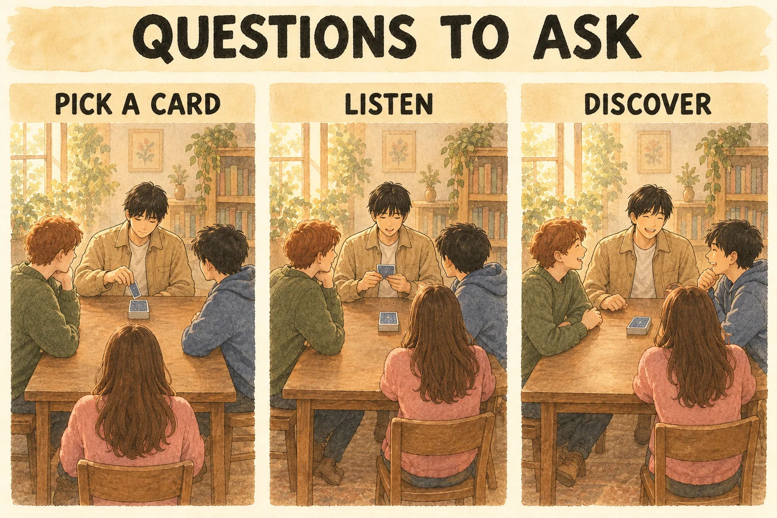 Every panel uses the SAME fixed scene from the SAME camera angle, like three frames of one moment: four friends around one square wooden table, each in the SAME seat in every panel. Far side of the table, center, facing the viewer: a young East Asian man with short black hair in a tan jacket. Left side: a young man with auburn hair in a green sweater. Right side: a young man with black hair in a blue hoodie. Near side, back to the viewer: a young woman with long brown hair in a pink sweater. A hand-painted card deck sits in the center of the table in all three panels. Panel one: the East Asian man draws the top card from the deck. Panel two: he reads the card aloud while the other three lean in and listen warmly; the deck is still in the center. Panel three: all four laugh together in their same seats; the deck is still in the center. No thought bubbles, no picture frames, no floating symbols.